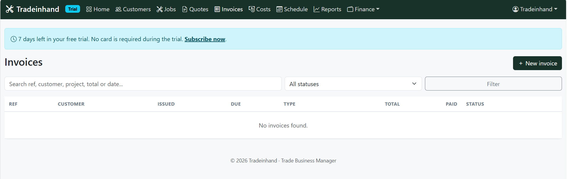 Quote2Done invoices screen